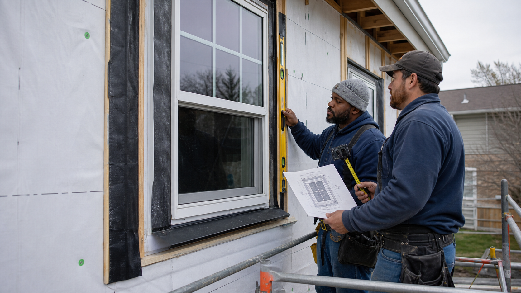 A renovation superintendent and installer checking the first window installation, flashing layers, alignment, and plan detail before repeating the work