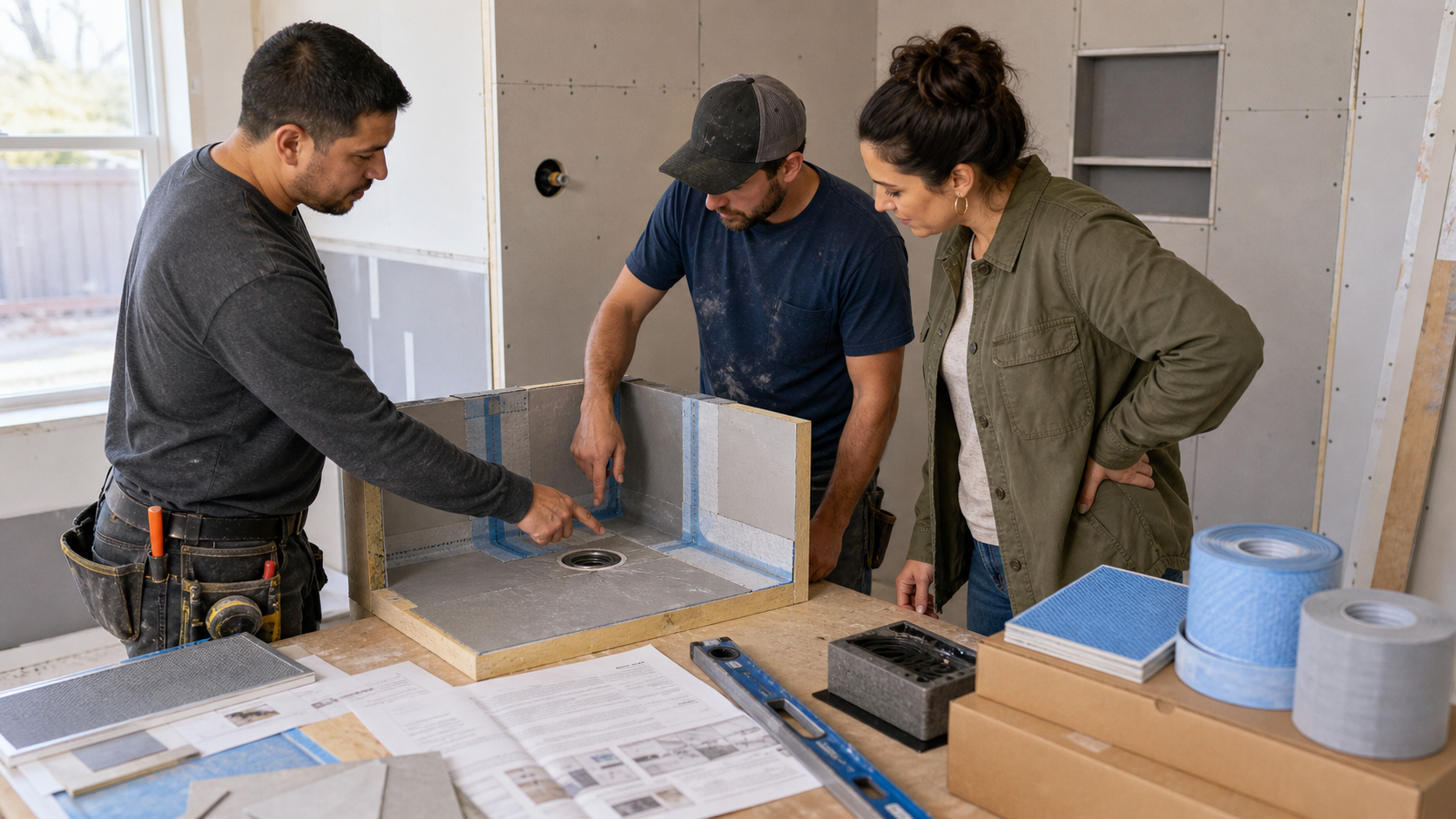 A property investor, renovation contractor, and tile installer reviewing a bathroom waterproofing mockup and materials before installation