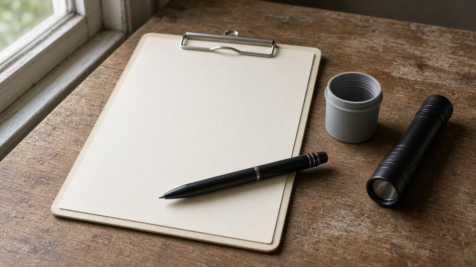 A clipboard, a pen, a small radon test device, and a flashlight on a wood table