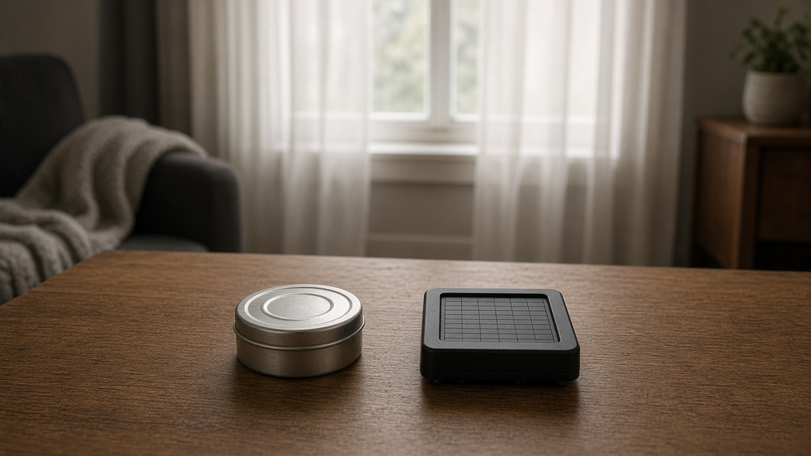 A short-term charcoal test canister and a long-term detector sit side by side on a table in a closed living room
