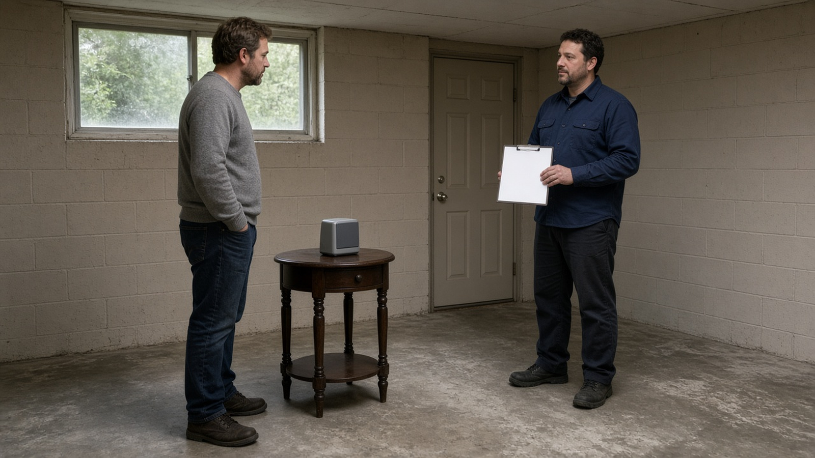 A buyer and a tester stand in a closed basement beside a radon monitor turned toward the wall