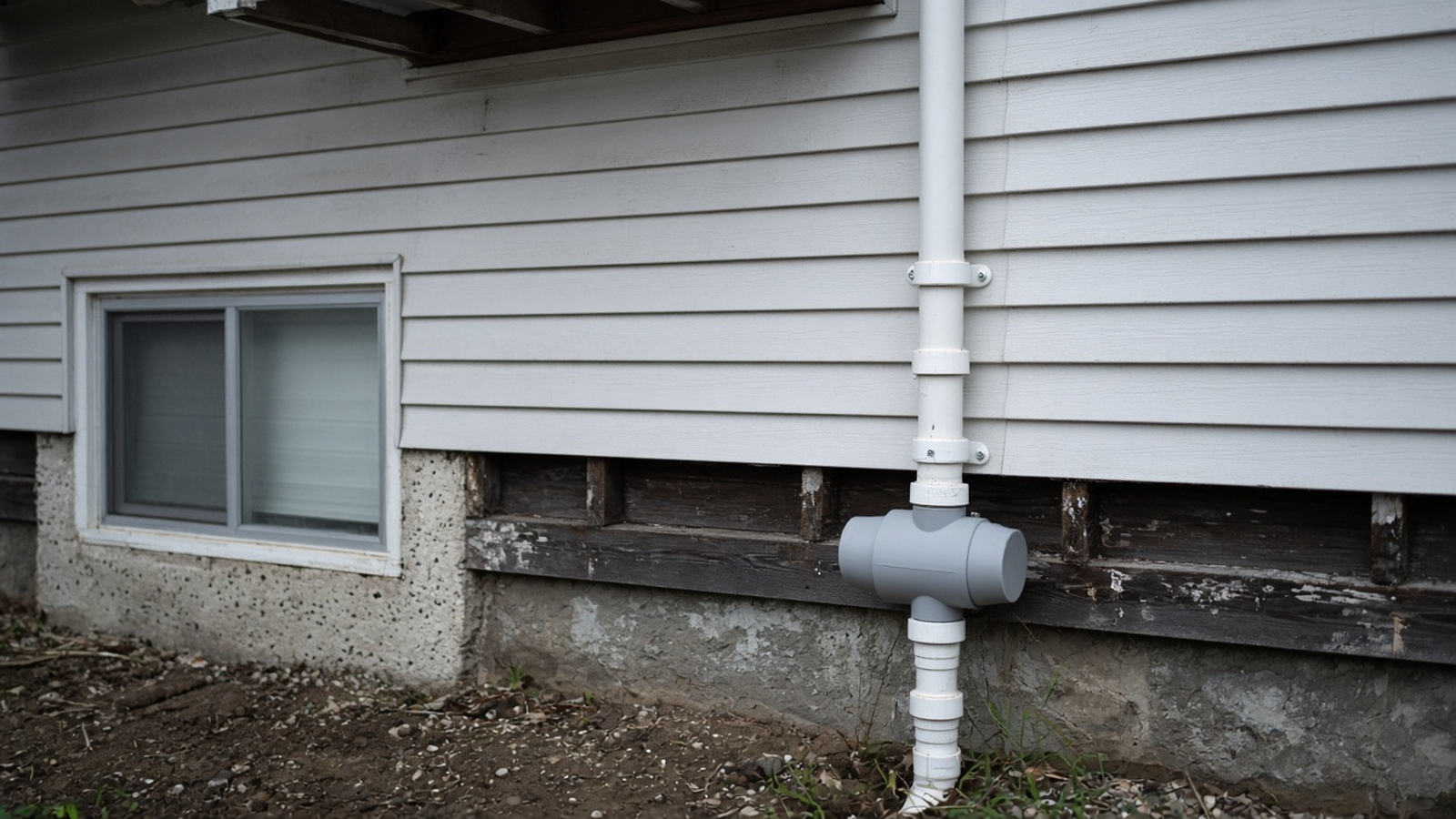 A white vent pipe and a small fan on the outside of a bungalow foundation, with the basement window closed