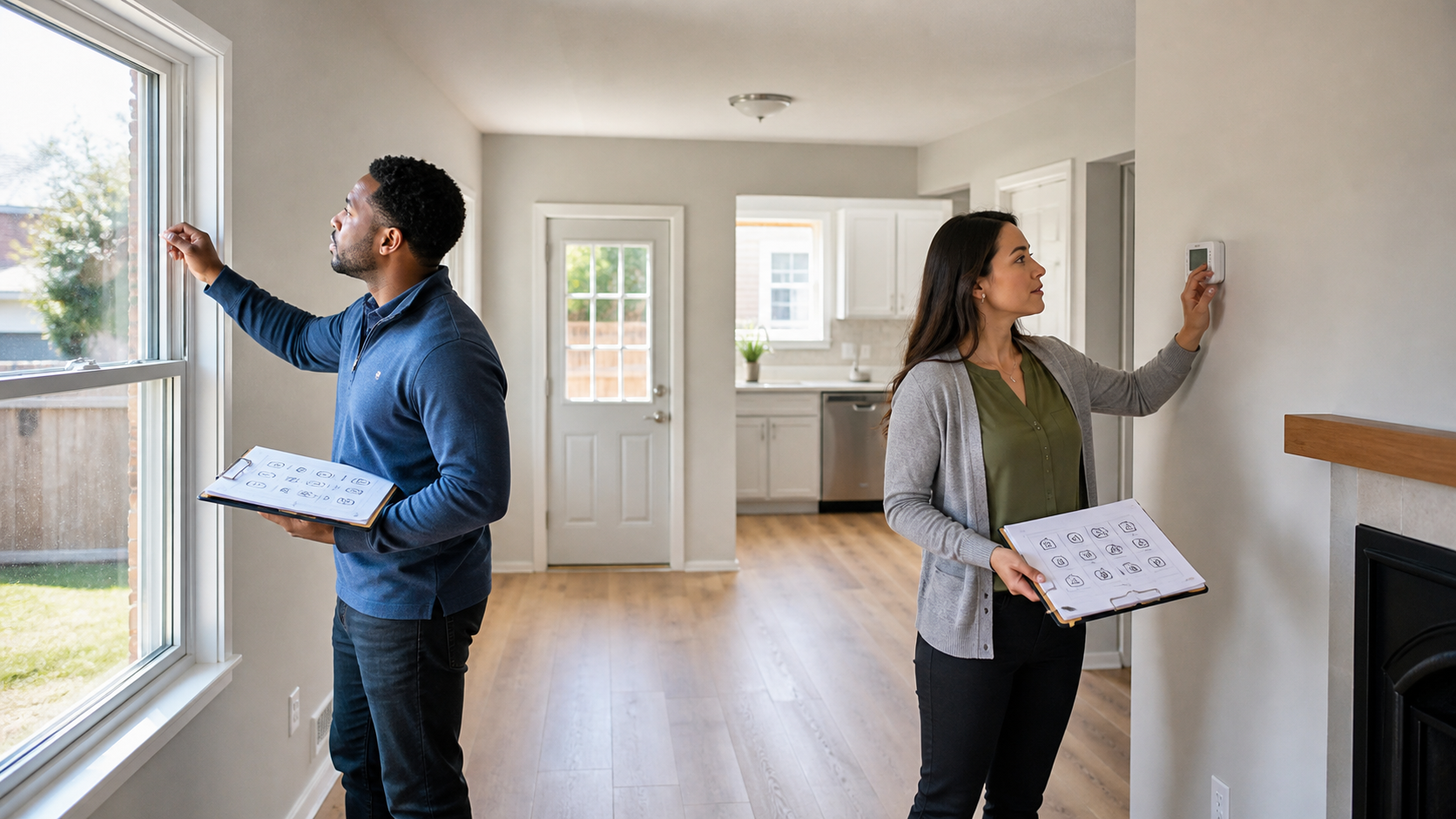 A house-flip investor and listing agent checking windows, thermostat, utilities, and room condition during a final walkthrough of an empty renovated home