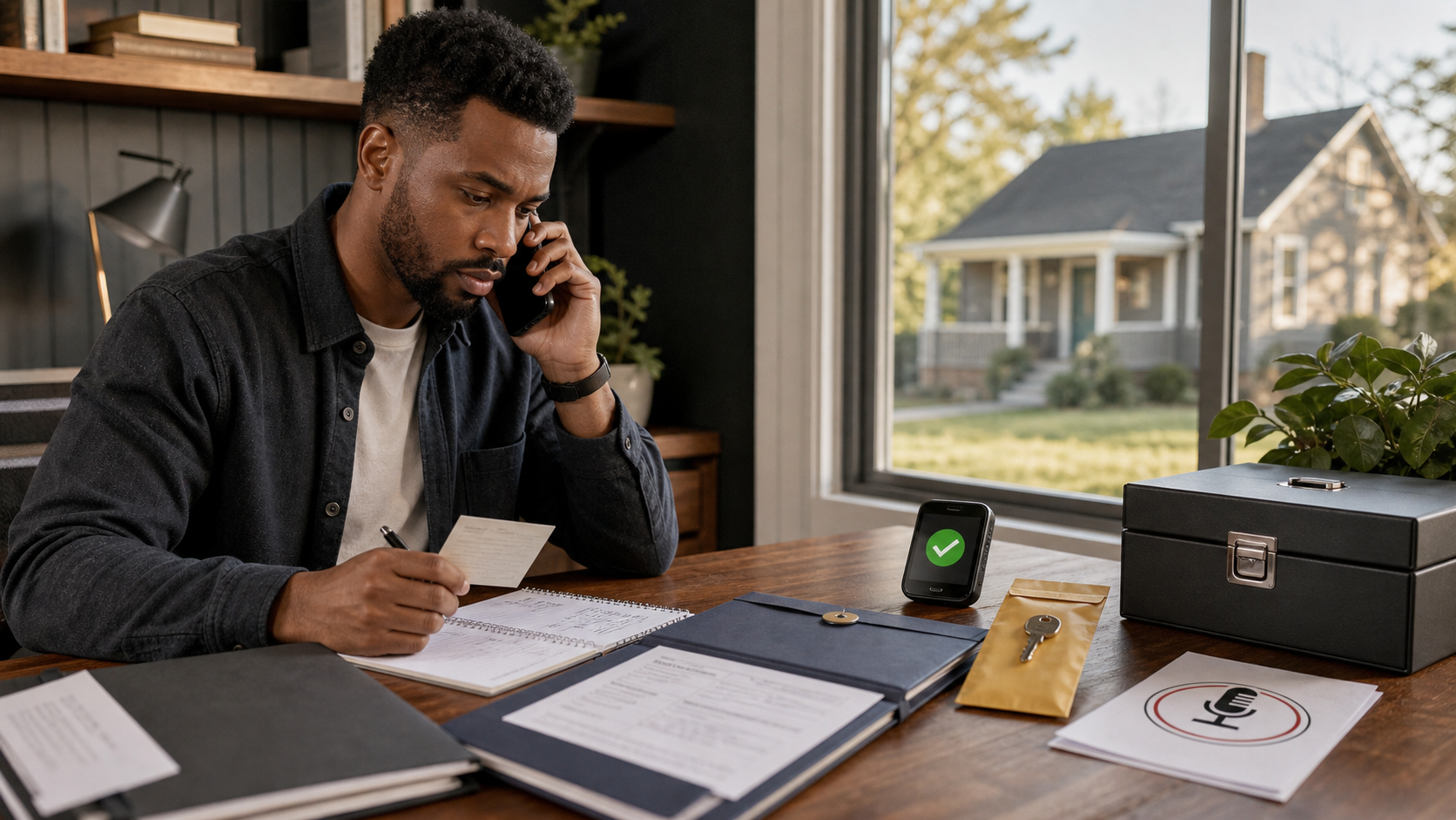 A residential investor independently confirming seller proceeds by phone beside a settlement folder, key envelope, verification device, and locked records box