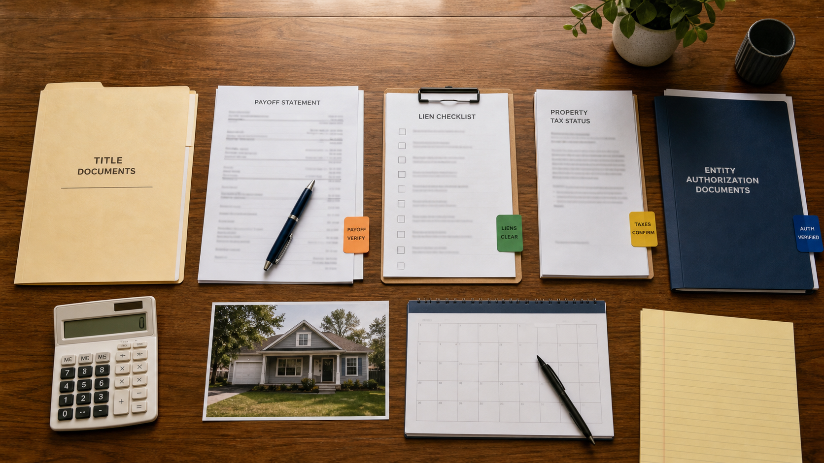 A top-down seller closing workspace with title, payoff, lien, tax, entity authorization, calendar, calculator, and property-photo evidence arranged for verification