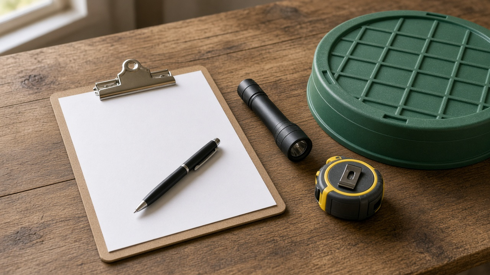 A blank clipboard, a pen, a flashlight, a tape measure, and a green septic lid on a wood table