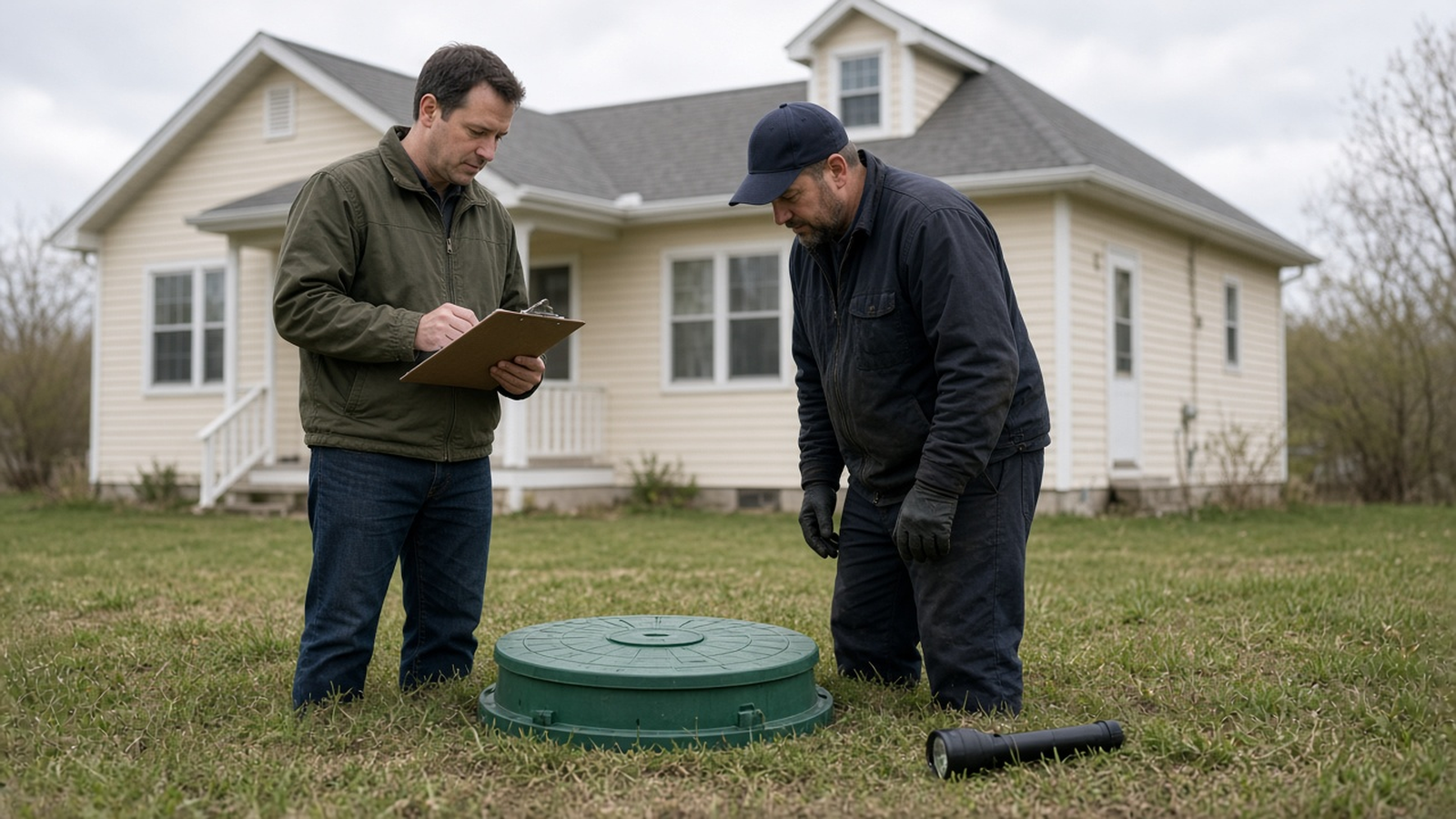 A buyer with a clipboard and a gloved inspector stand over a green septic lid in the side yard of a house