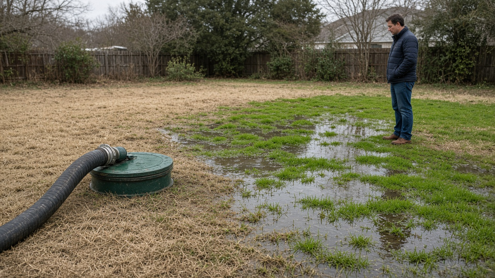 A septic pump hose lies on dry grass beside a green lid, with standing water and bright green patches in the same yard