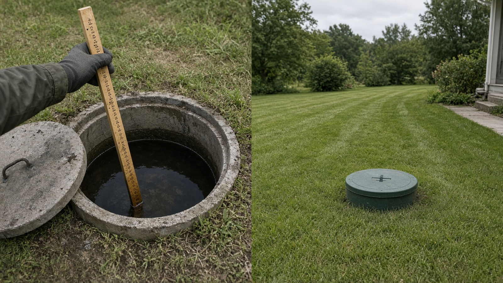 A gloved hand holds a measuring stick in an open septic tank, beside a closed green lid in a mowed drainfield