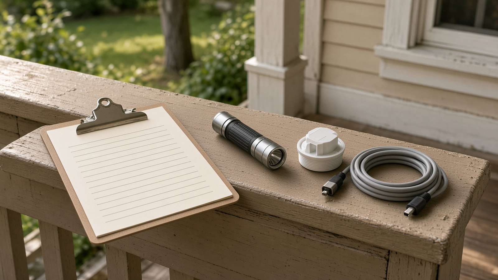 A blank clipboard, a flashlight, a cleanout cap, and a camera cable on a bungalow porch rail