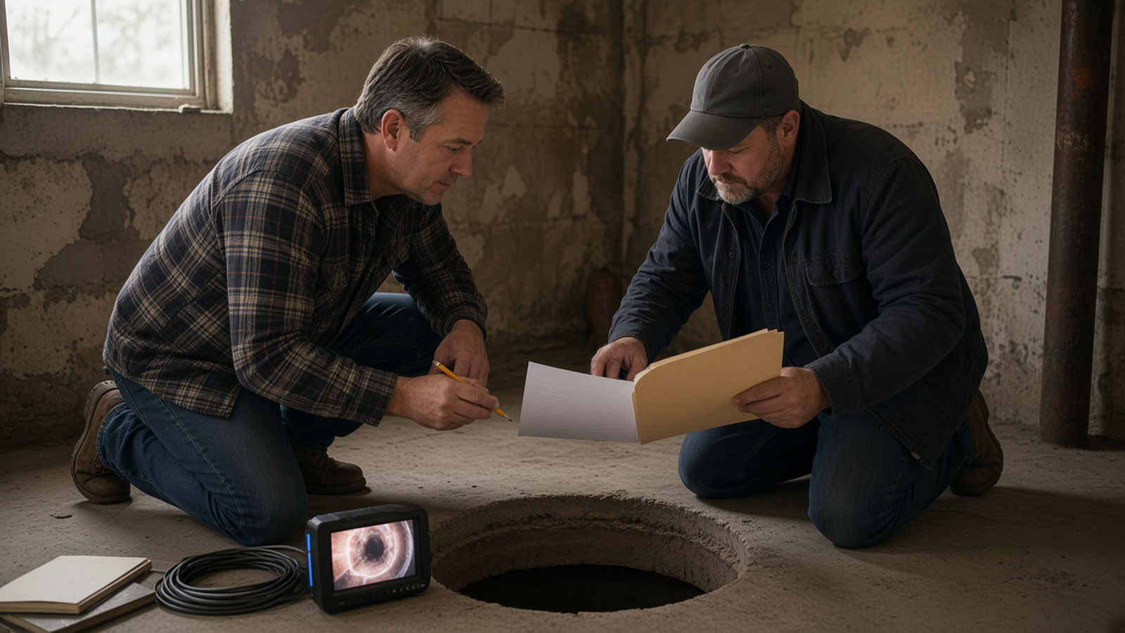 An investor and a plumber review a sewer-camera monitor beside an open basement cleanout