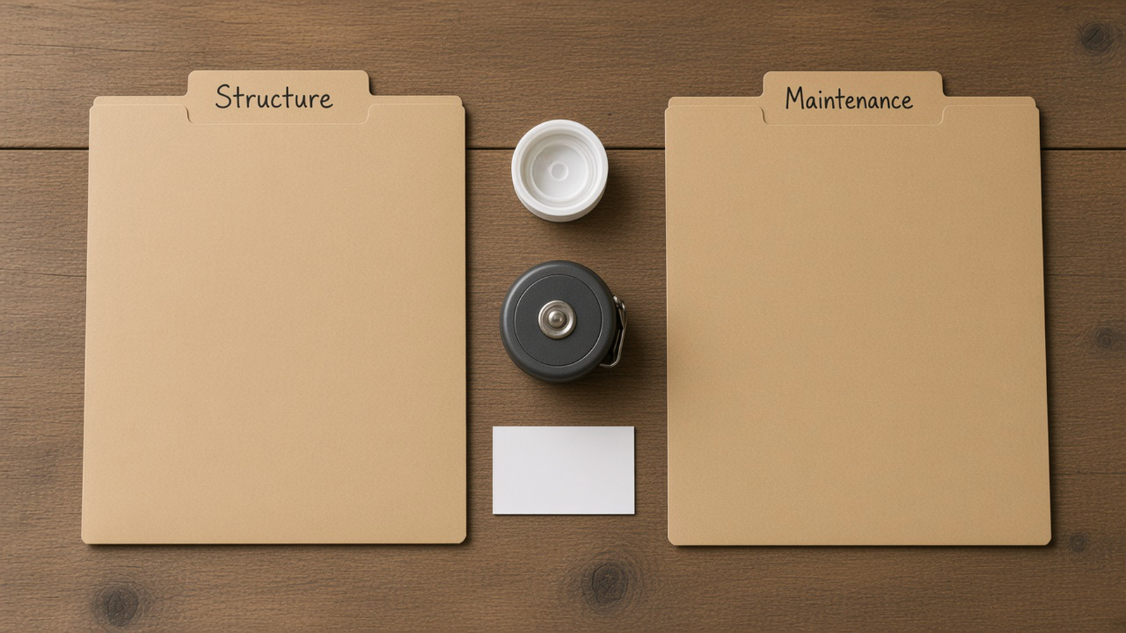 Two folders labeled Structure and Maintenance sit beside a cleanout cap and a tape measure