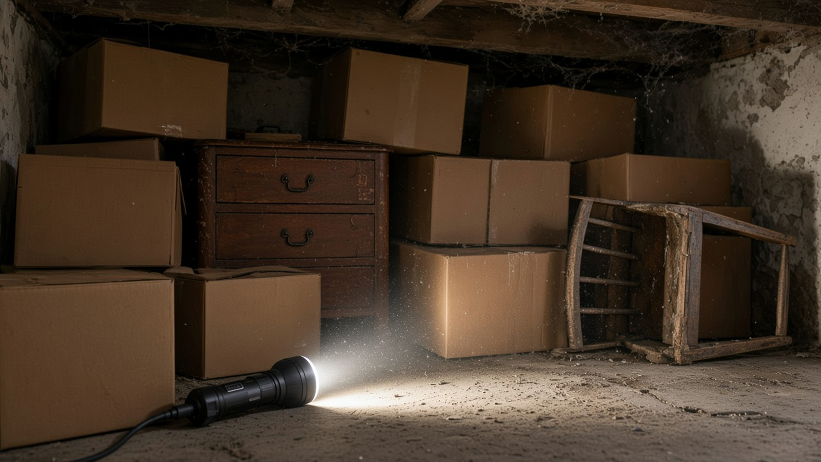 Cardboard boxes and stored furniture block a crawlspace opening, with a flashlight on the basement floor