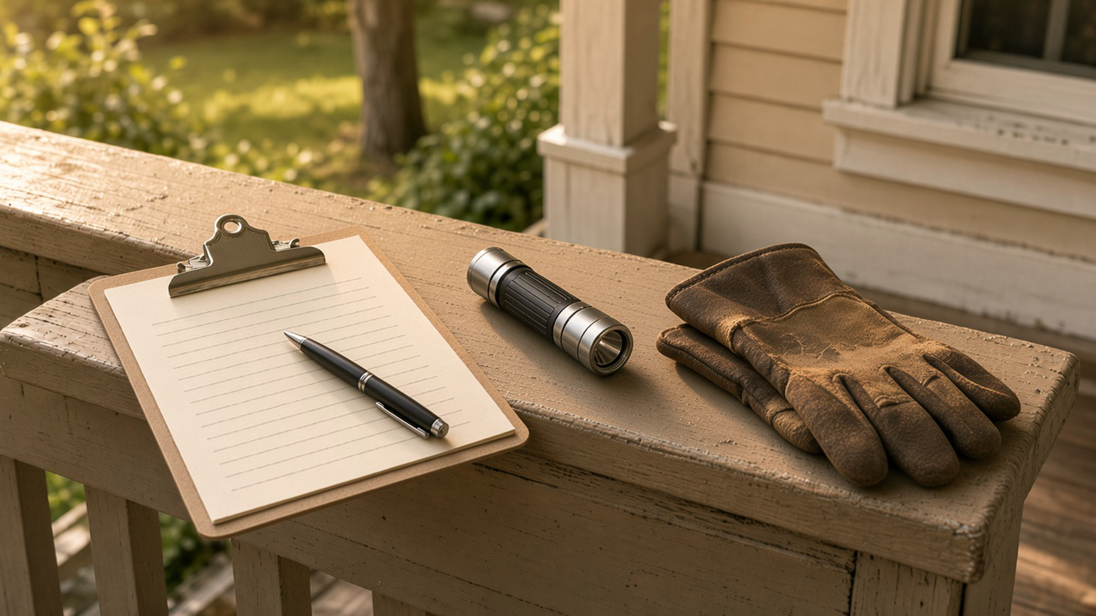 A blank clipboard, a pen, a flashlight, and work gloves on a bungalow porch rail