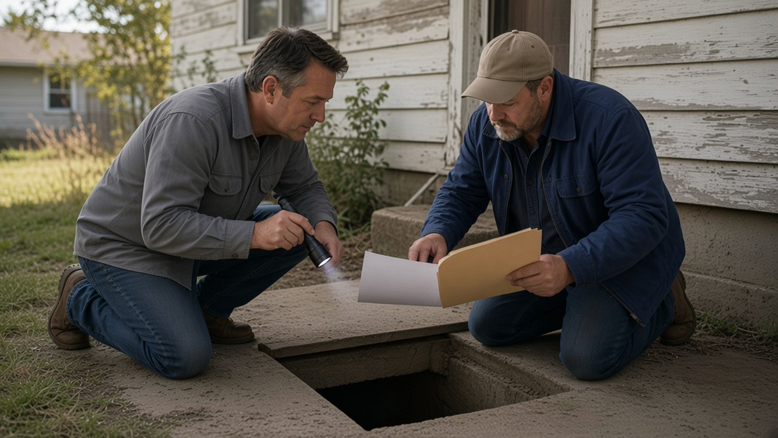 A pest inspector and a buyer look into an open crawlspace hatch beside a house, with a flashlight and a clipboard