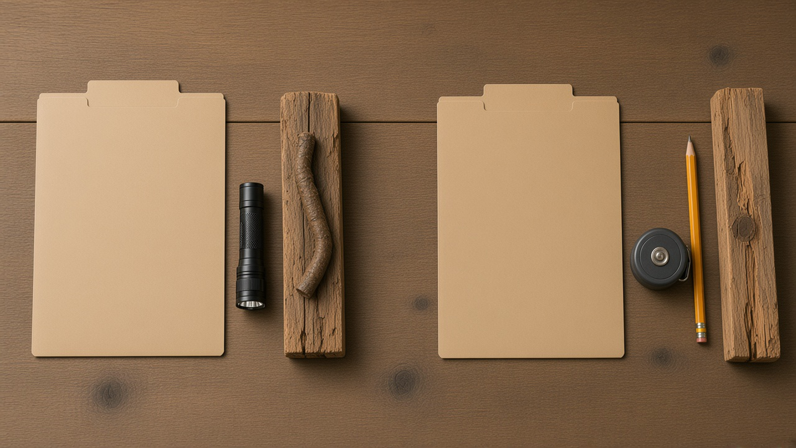 A flashlight and a mud-tube wood sample sit with one folder, while a tape measure and a damaged sill sit with another