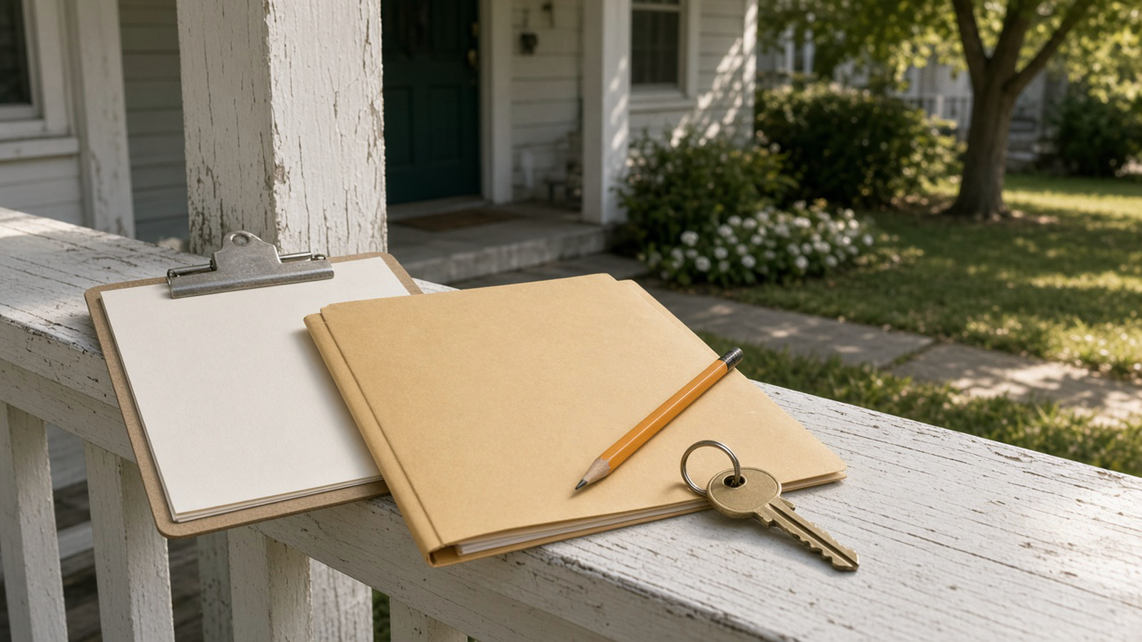 A blank clipboard, a closed folder, a key, and a pencil rest on a bungalow porch rail