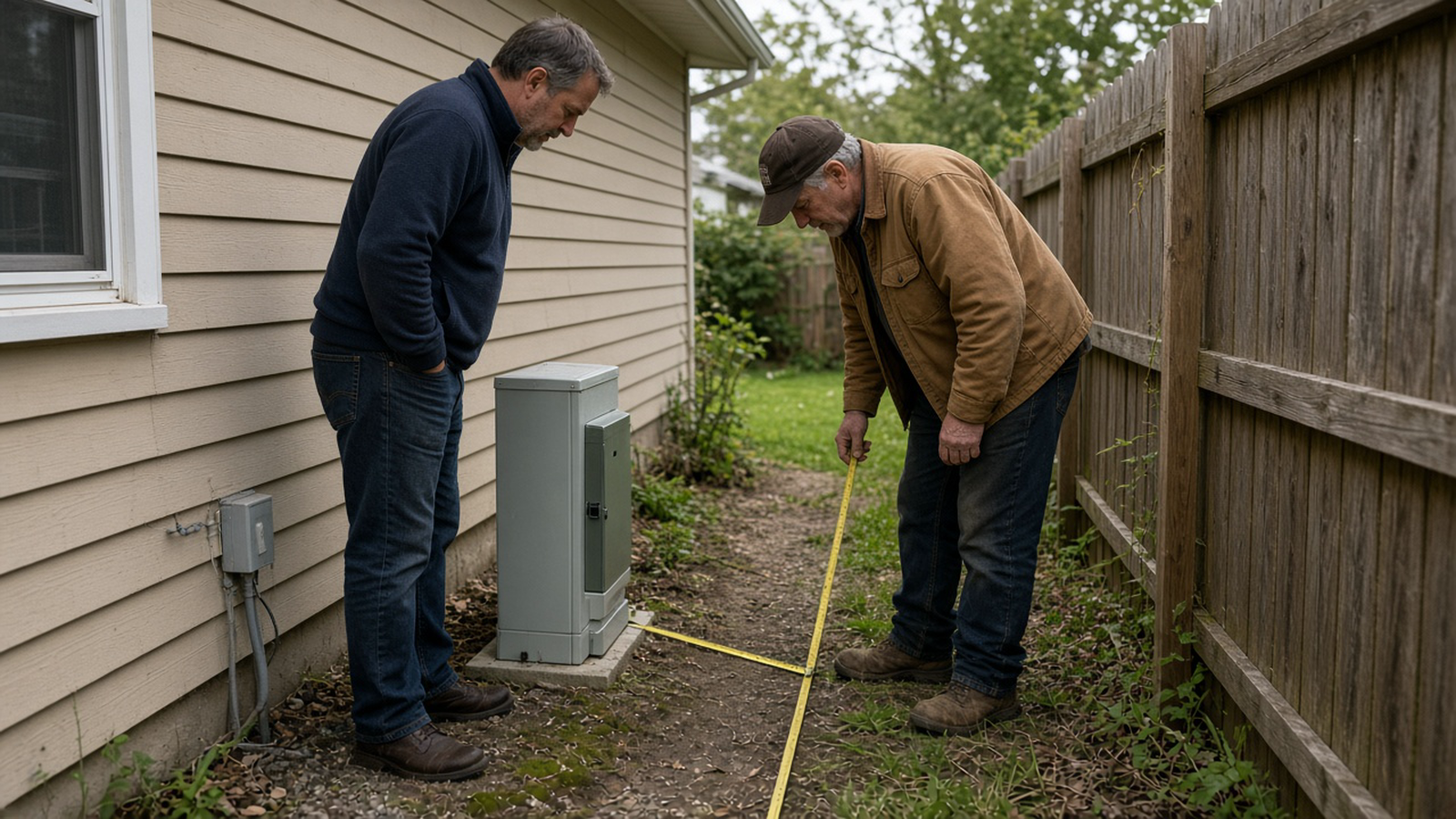 Two people stand in a narrow side yard beside a utility pedestal and a wood fence