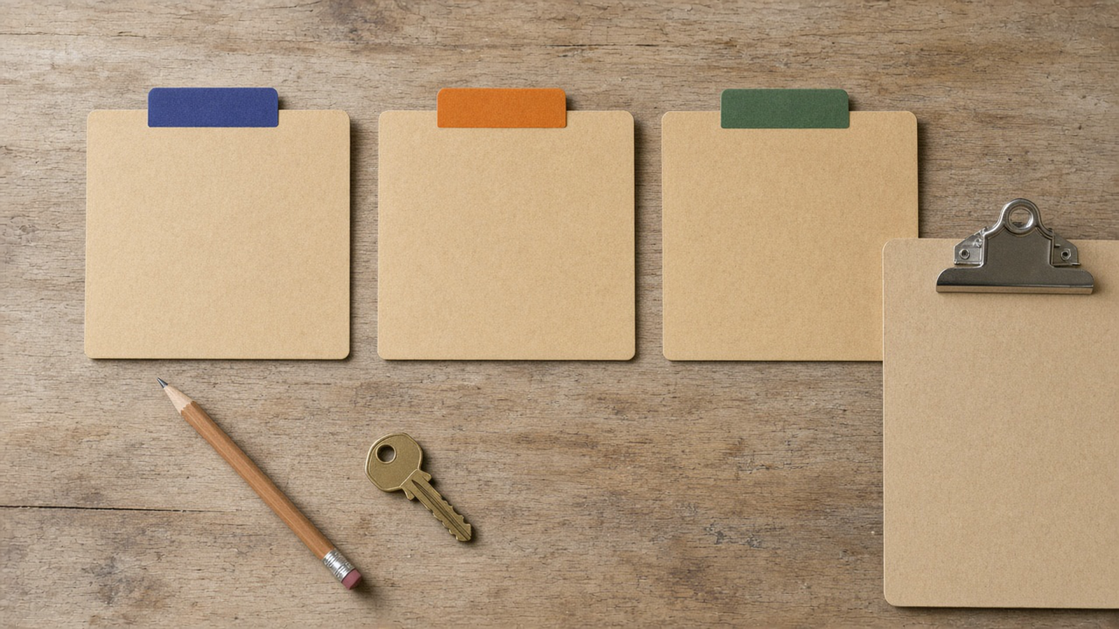 Three blank folders with colored tabs sit in a row beside a pencil, a key, and a blank clipboard