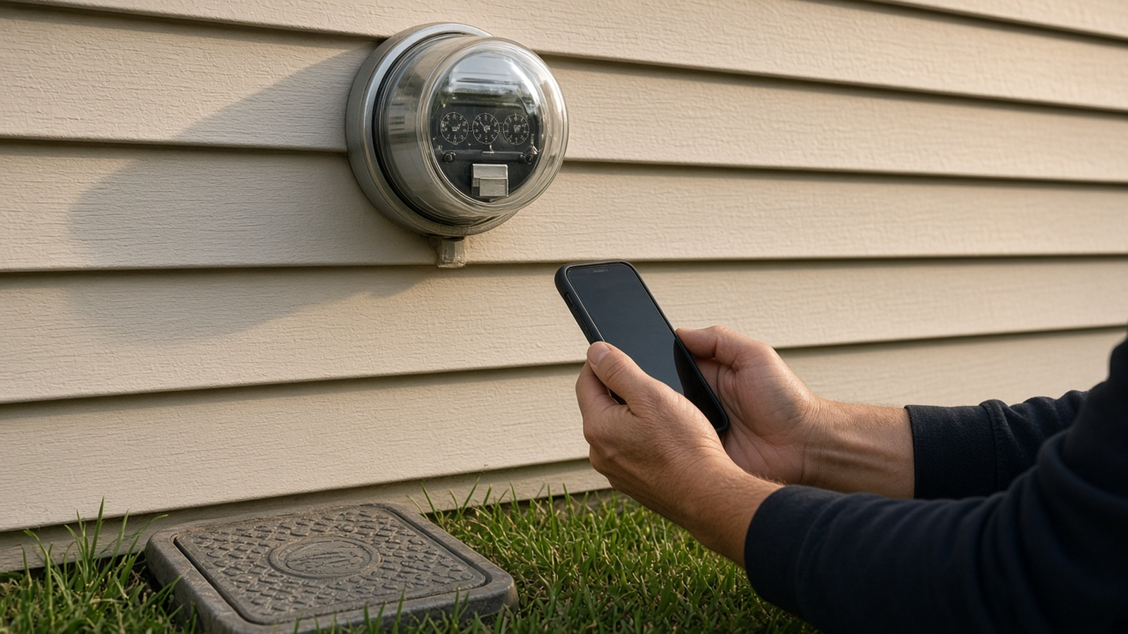Hands hold a phone up to an electric meter, with a closed water-meter cover in the grass beside a painted house wall