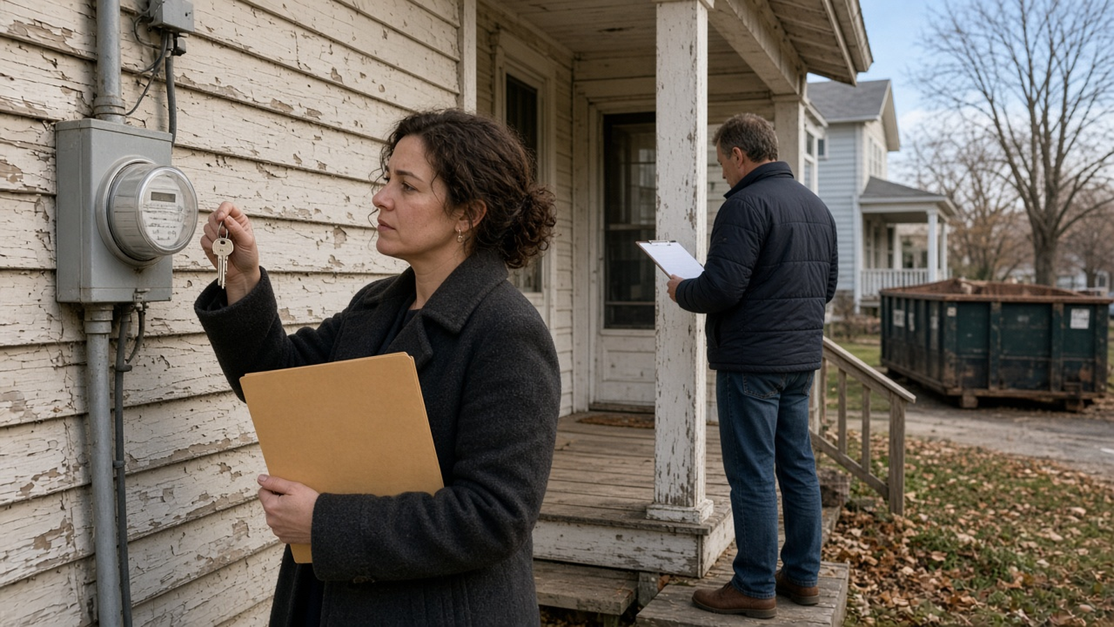 An investor with keys and a closed folder stands at the electric meter of a modest bungalow while another person waits on the porch