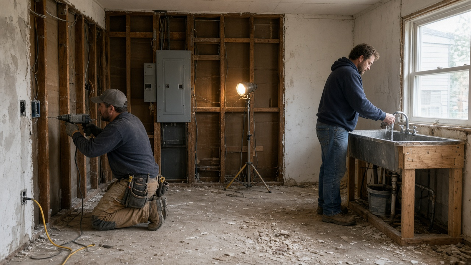 A contractor checks a live outlet in a gutted kitchen while water runs at a temporary sink