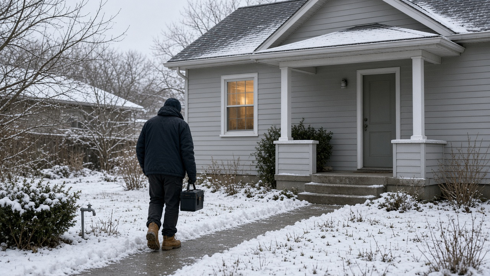 A snow-dusted vacant bungalow with one warm window and the garden hose removed from the outdoor faucet