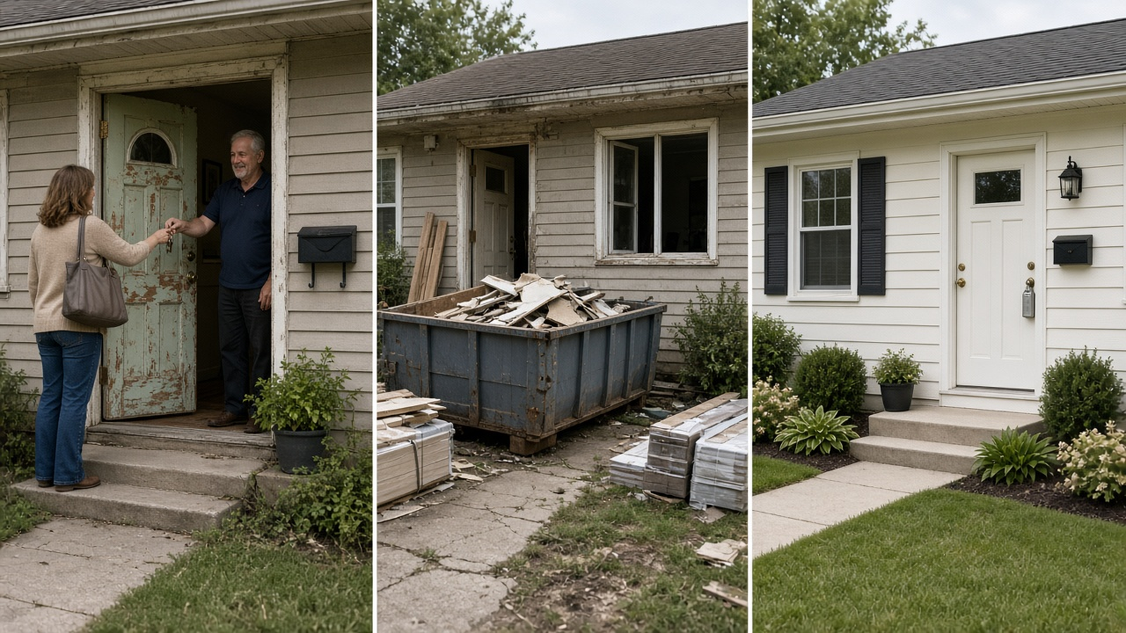 The same modest ranch house shown at purchase with keys, during renovation with a dumpster, and after paint with a lockbox