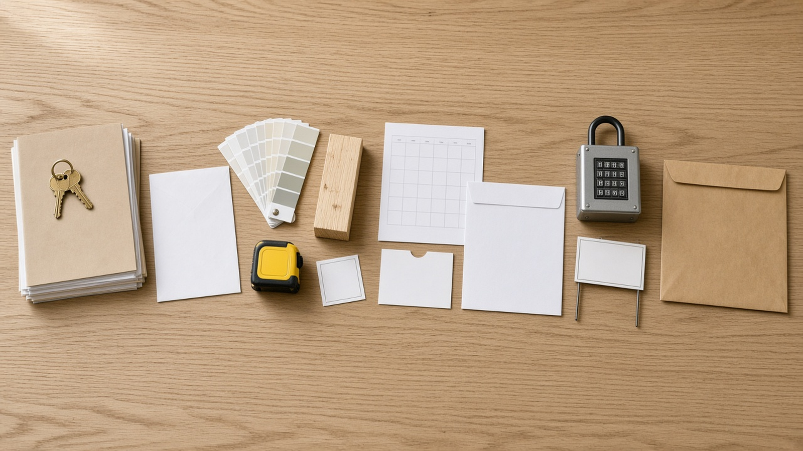 Five groups on a table: settlement papers and keys, renovation tools and paint, calendar and bills, a lockbox and for-sale sign, and a sealed cash reserve