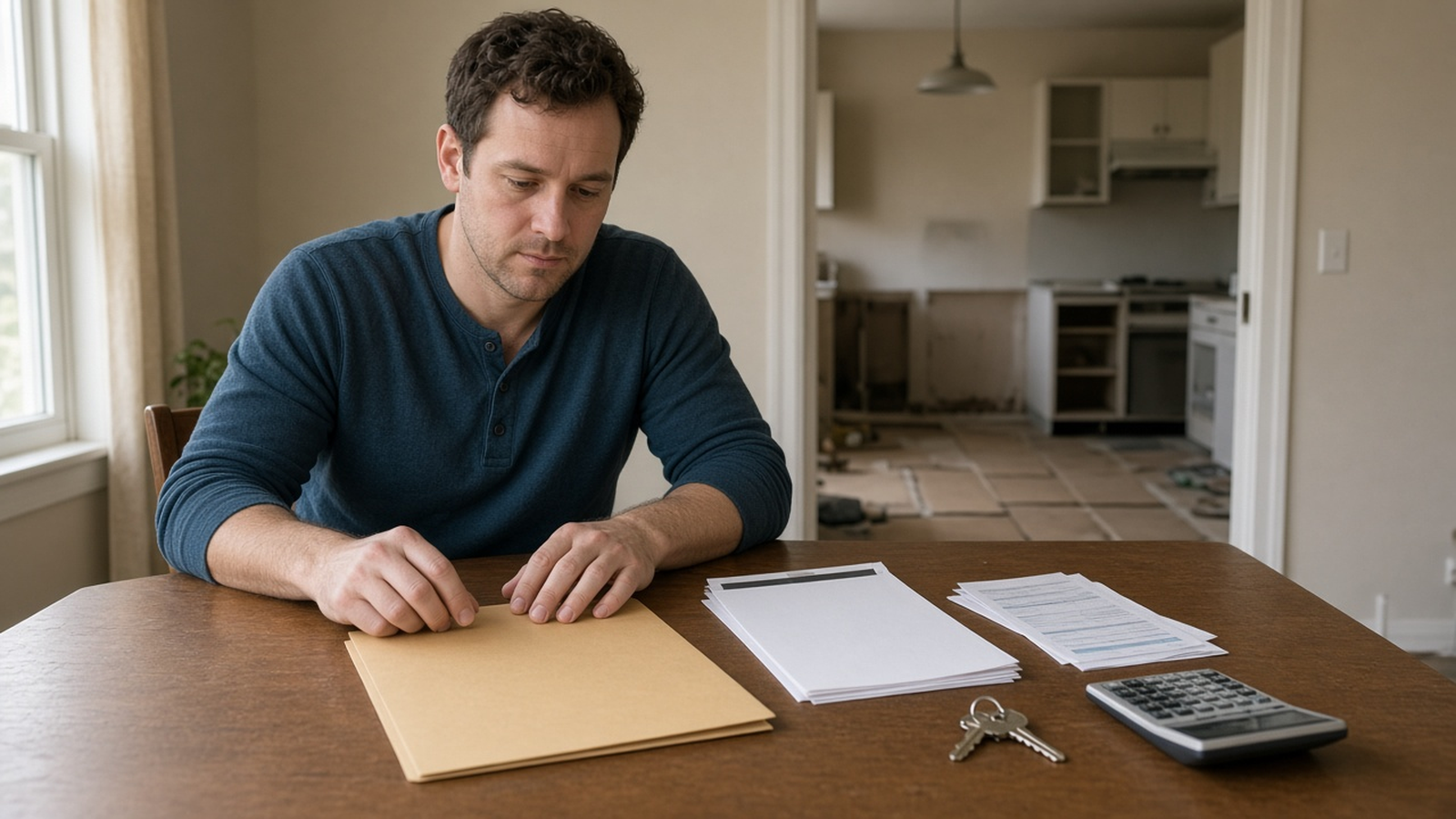 An investor at a kitchen table reviewing a closing folder, contractor packet, utility bills, calculator, and house keys while a kitchen renovation is underway