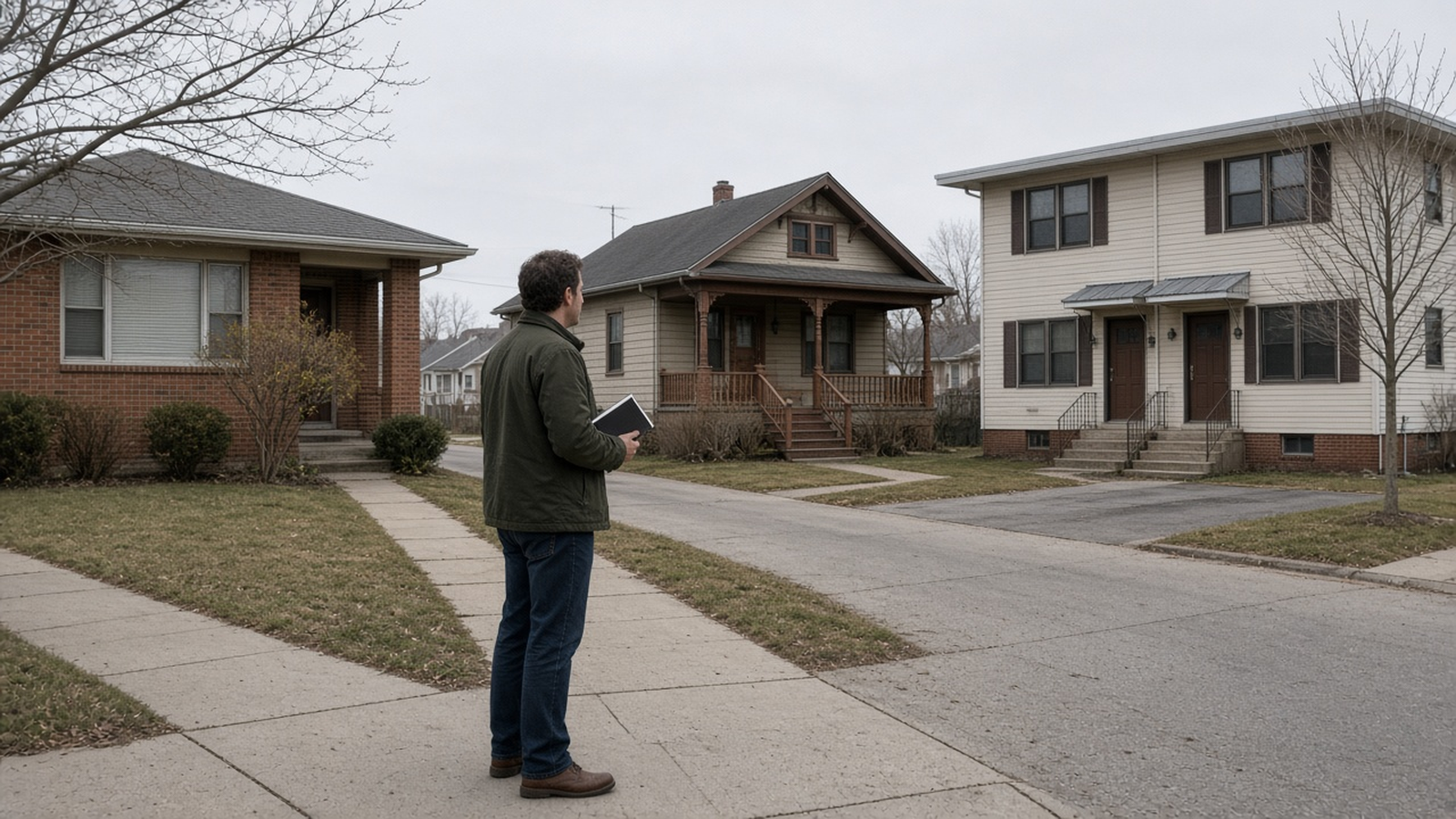 An investor with a notebook on a sidewalk comparing a small ranch, a bungalow with a porch, and a side-by-side duplex