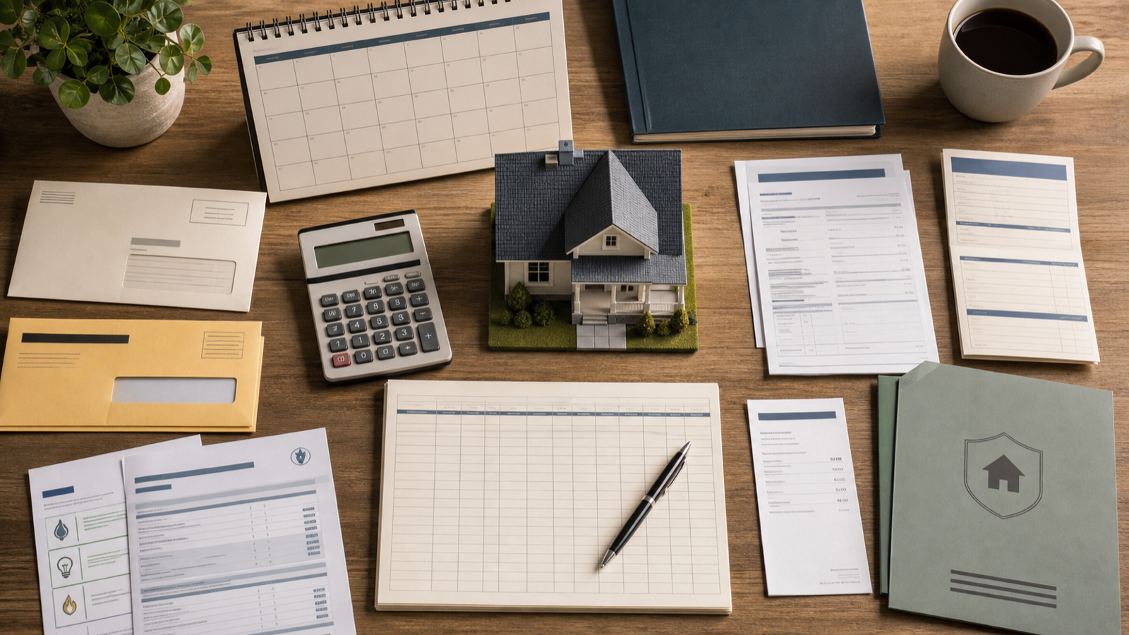 An overhead holding-cost workspace with a house model, calculator, calendar, loan papers, tax notice, insurance folder, utility statements, and expense ledger