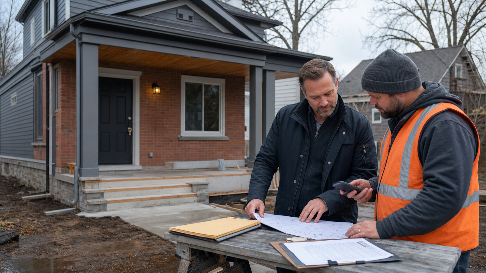 An investor and contractor reviewing an inspection delay outside a nearly finished modest renovated house after light rain