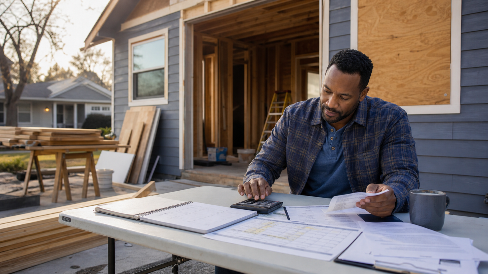 A house flipper reviewing a calculator, calendar, invoices, and construction schedule outside a modest home under renovation