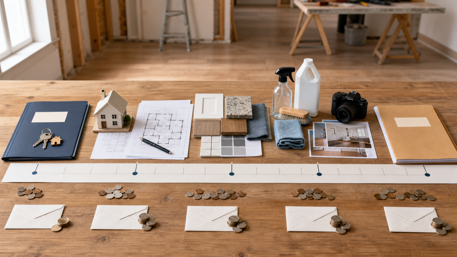 A physical house flipping timeline from keys and construction plans through finished-home photography and sale documents, with bills and coins recurring along the full calendar