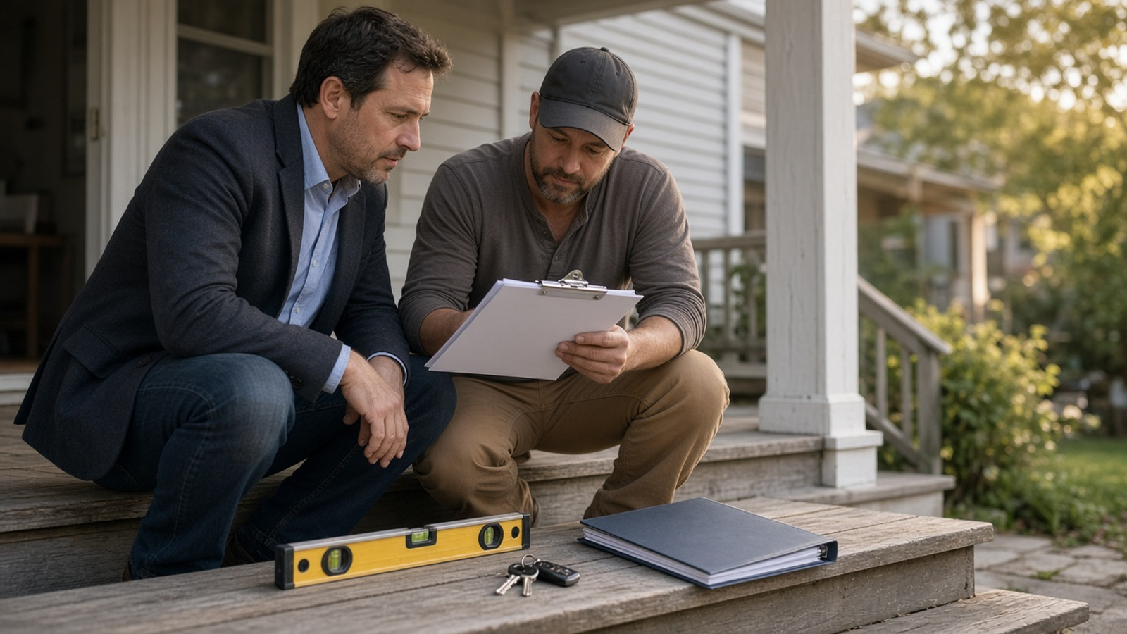 An investor and a contractor on a front porch reviewing a clipboard, with a level, keys, and a permit folder on the step