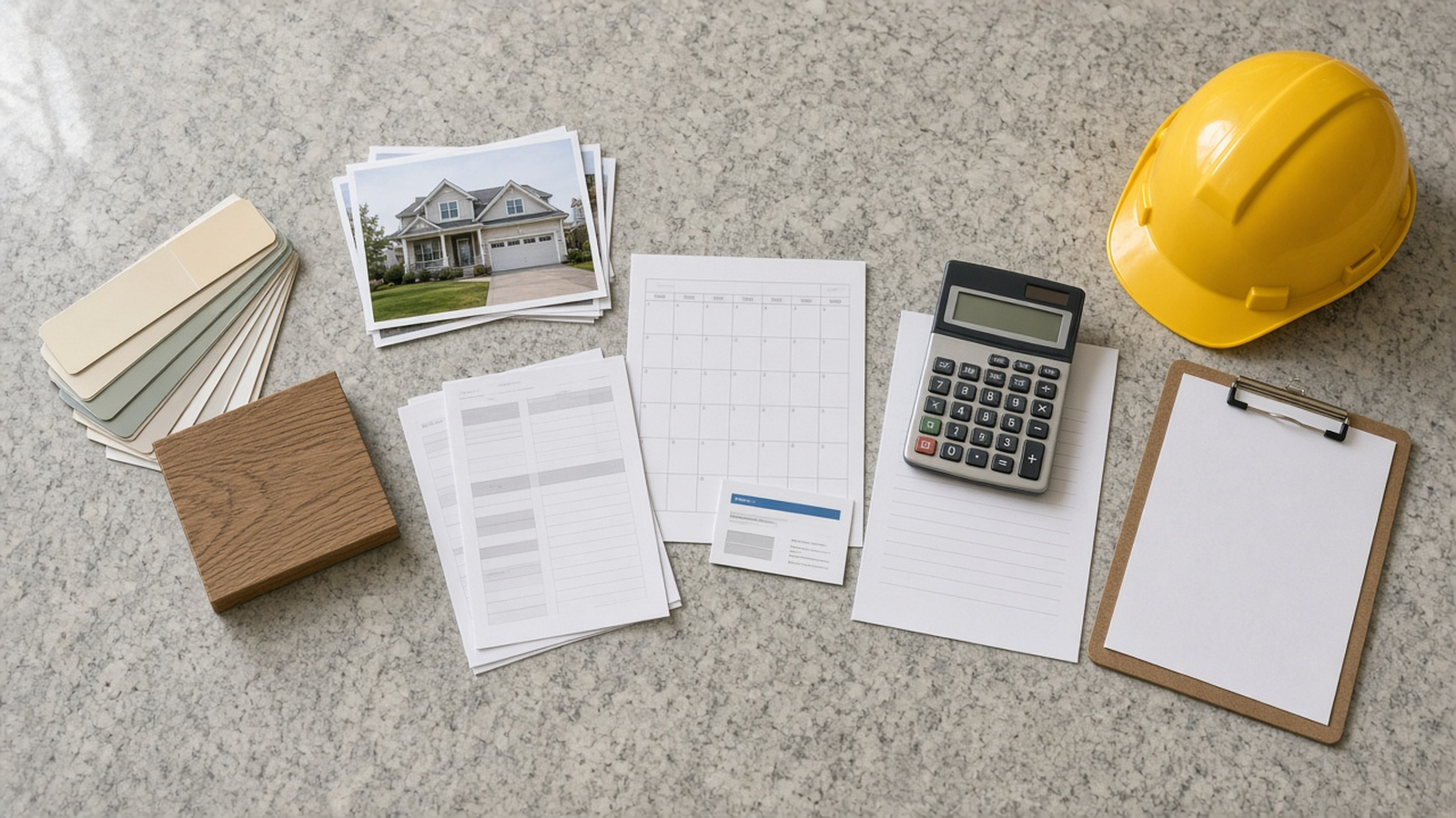 Overhead view of a kitchen island grouped into material samples, listing photos, a calendar with bills, a calculator on a worksheet, and a hard hat with a clipboard