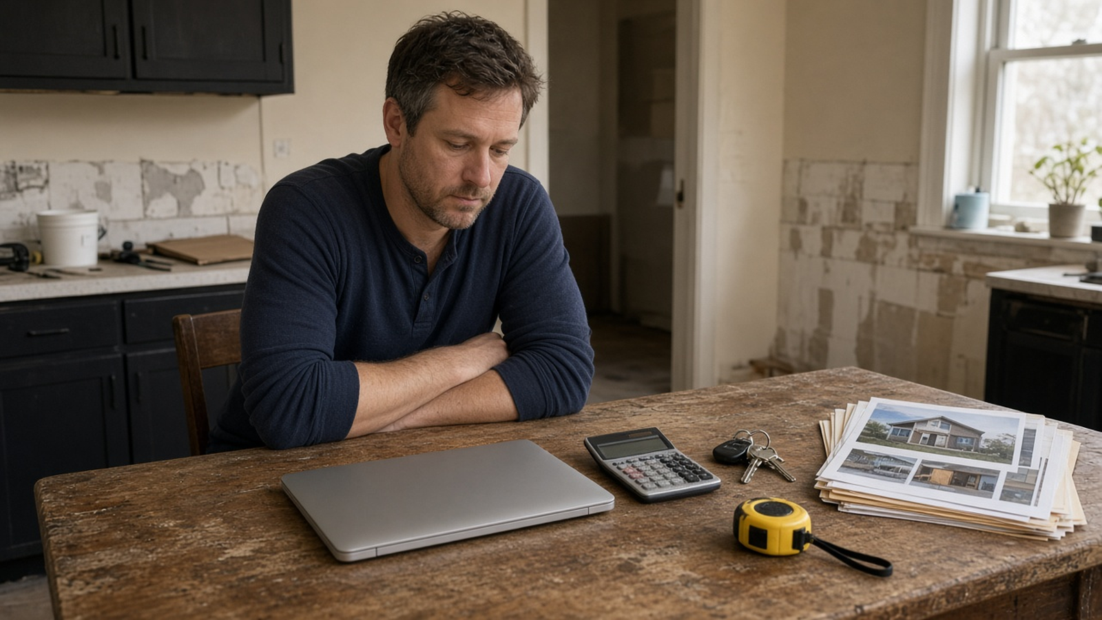 An investor at a kitchen table with a laptop, calculator, house keys, tape measure, and a folder of listing photos during a light renovation