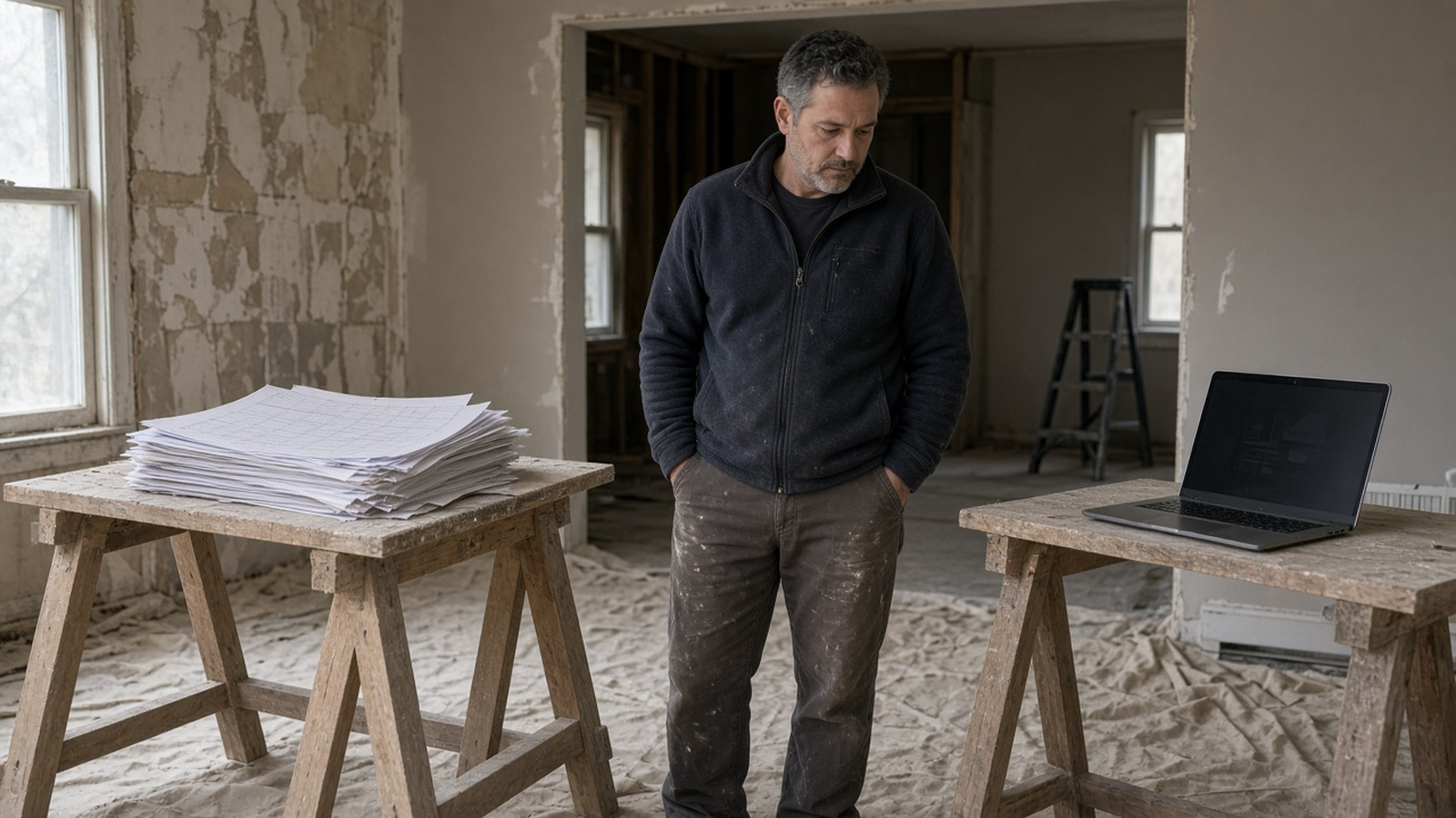 An investor in a half-renovated living room standing between a stack of printed spreadsheet pages and an open laptop on sawhorses