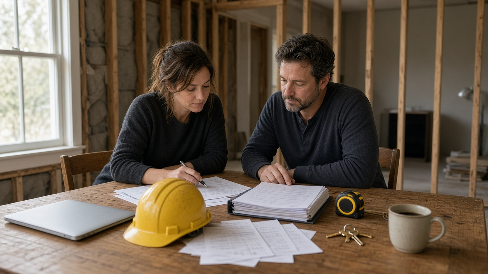 Two people reviewing a renovation scope binder, tape measure, keys, and hard hat at a kitchen table in a house under rehab