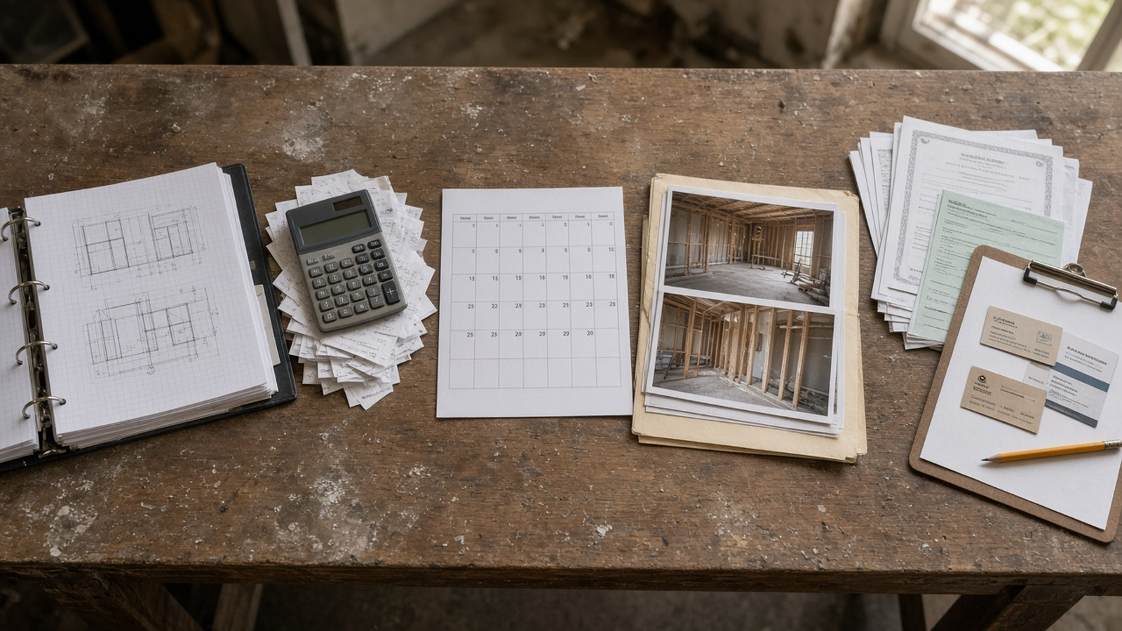 Overhead view of a renovation desk grouped into sketches, receipts, a calendar, site photos, permit papers, and vendor cards