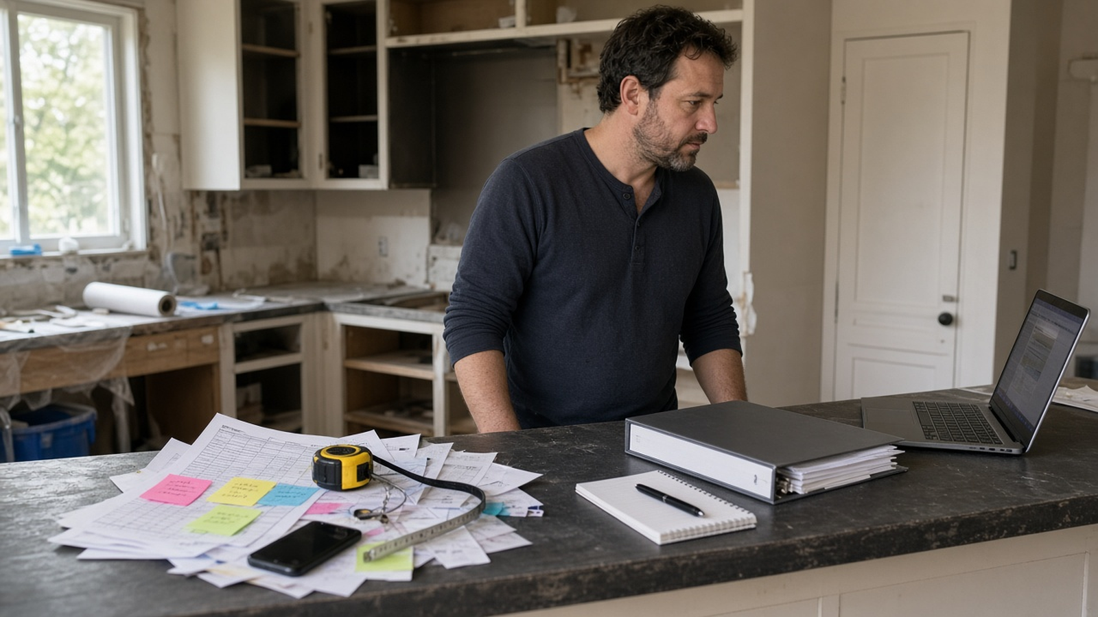 A flipper standing between a cluttered stack of spreadsheet printouts and an orderly project binder on a kitchen island