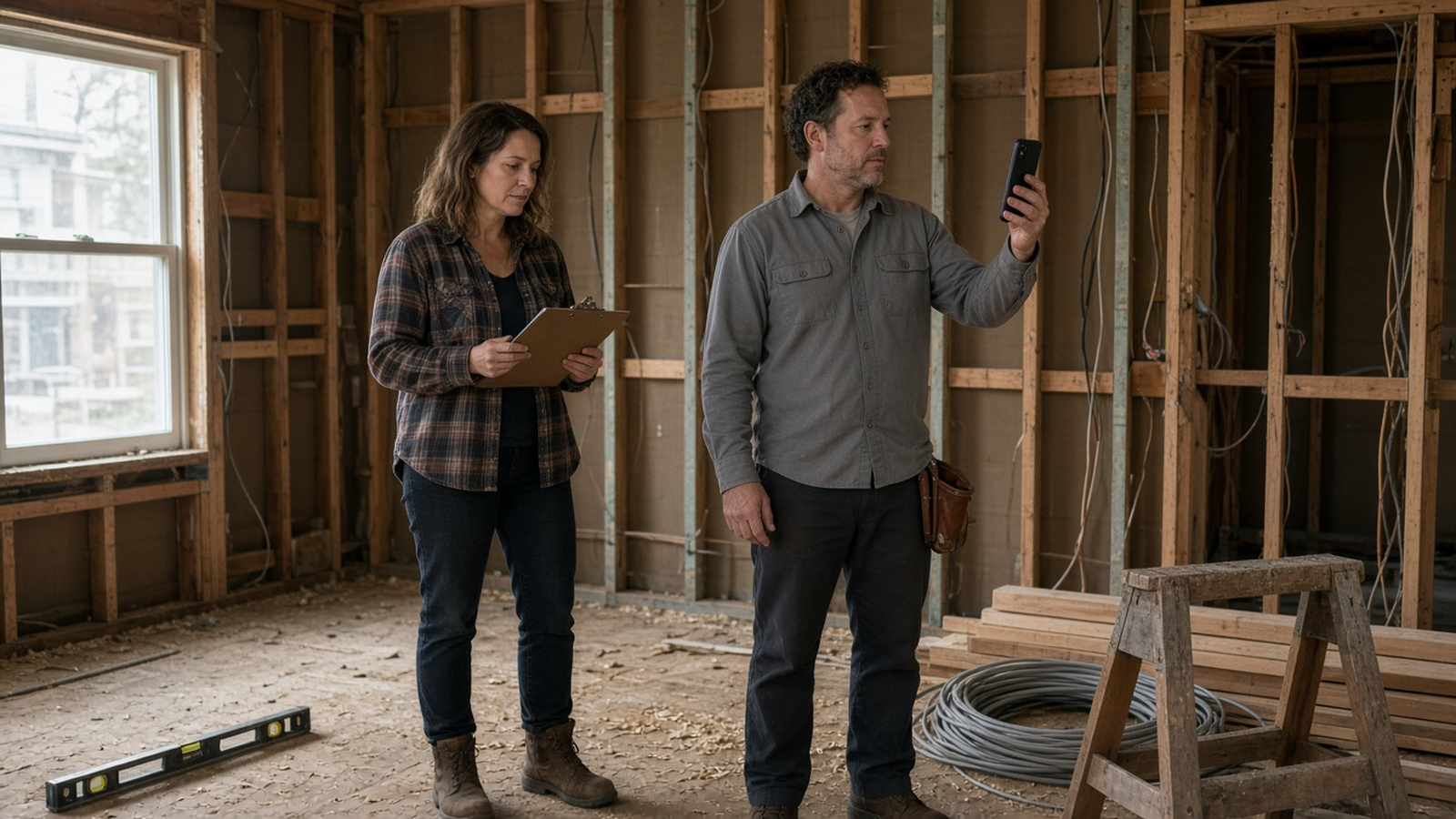 An investor with a clipboard and a contractor photographing open wall framing during a kitchen rehab walkthrough