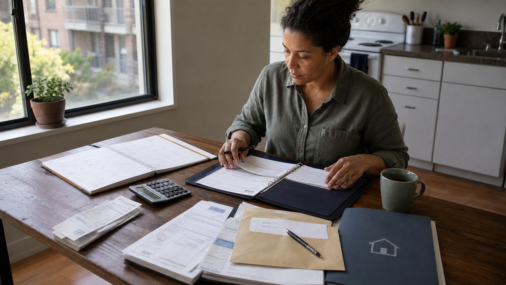 A rental property owner organizing a lease, calendar, calculator, utility bills, insurance papers, and repair receipts at a kitchen table