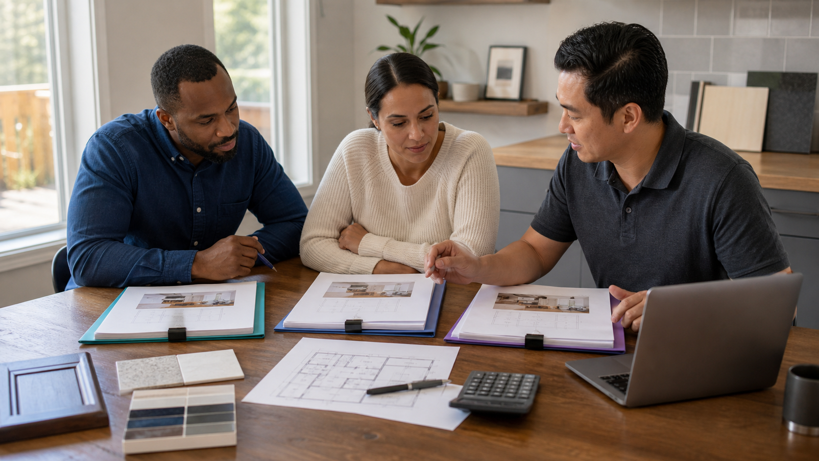 A property owner and two contractors comparing organized renovation bid packages, floor plan, calculator, and material samples