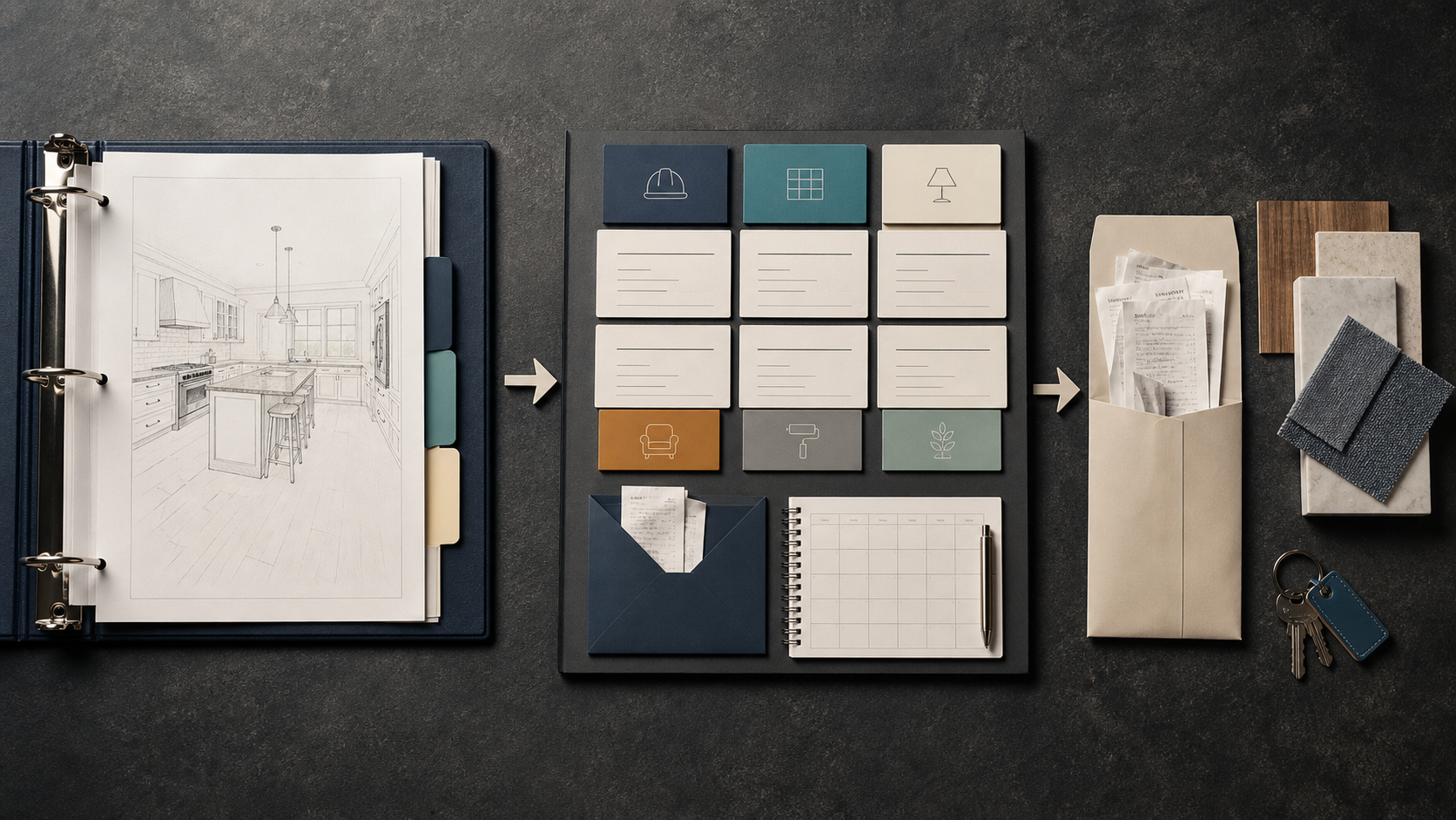 A renovation scope binder progressing into an organized project budget, receipt records, schedule, and material selections