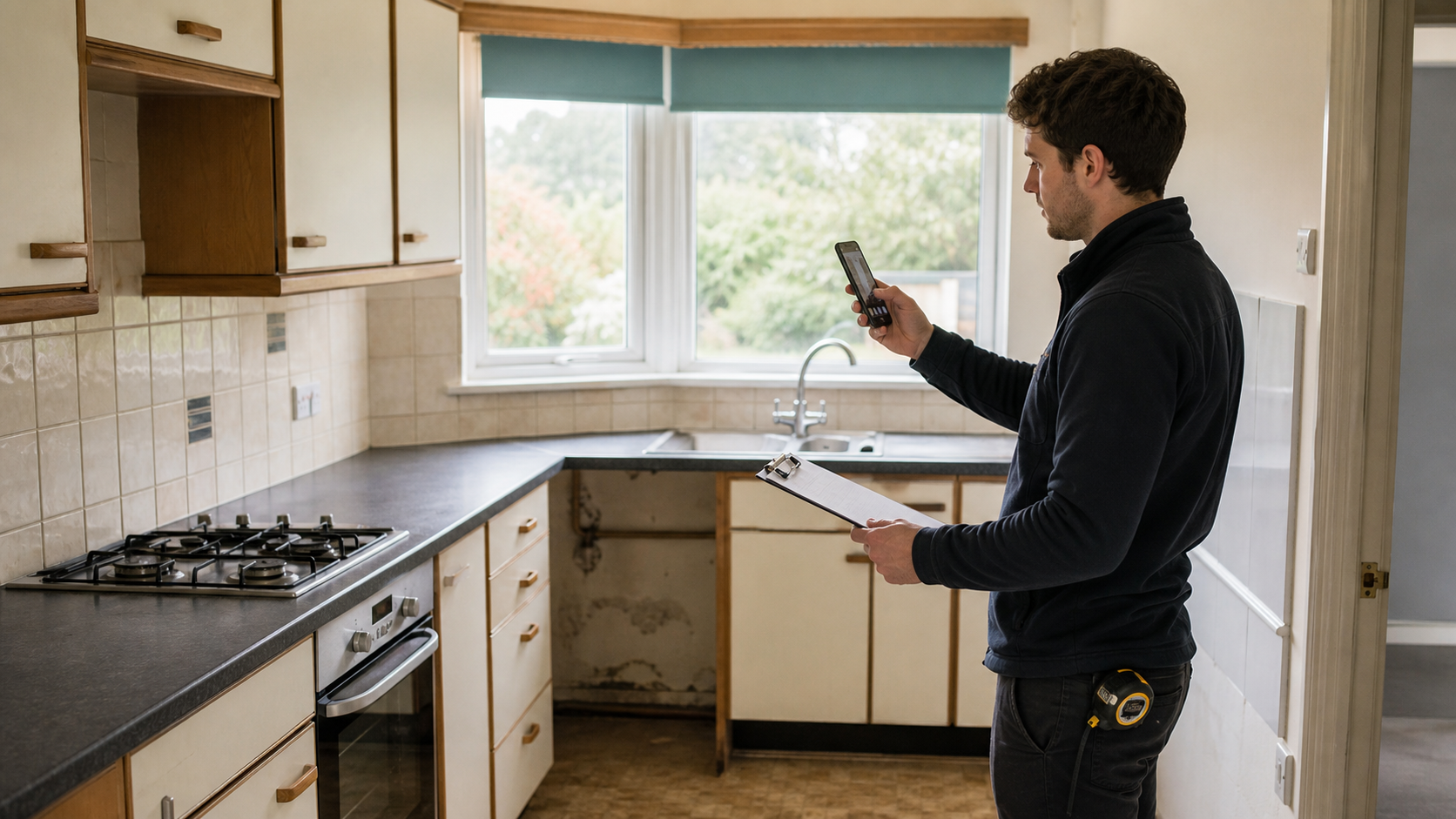 A property investor documenting a dated kitchen with a phone, clipboard, and tape measure during a renovation walkthrough