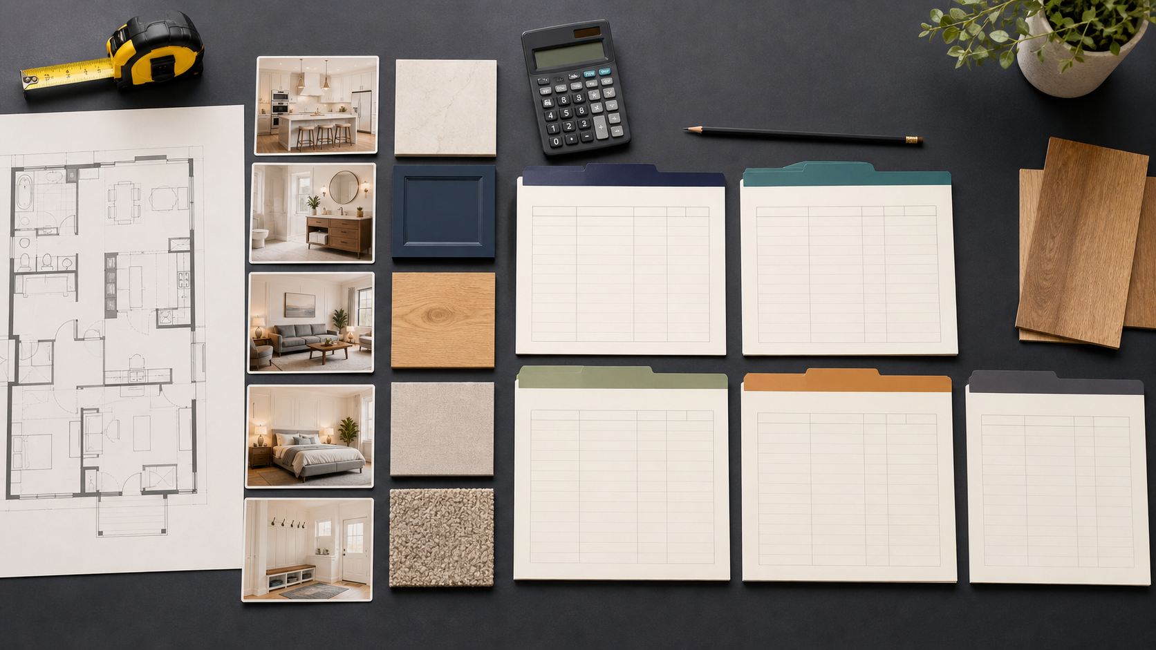 An organized renovation scope workspace with floor plan, room photographs, tape measure, calculator, material samples, and category worksheets