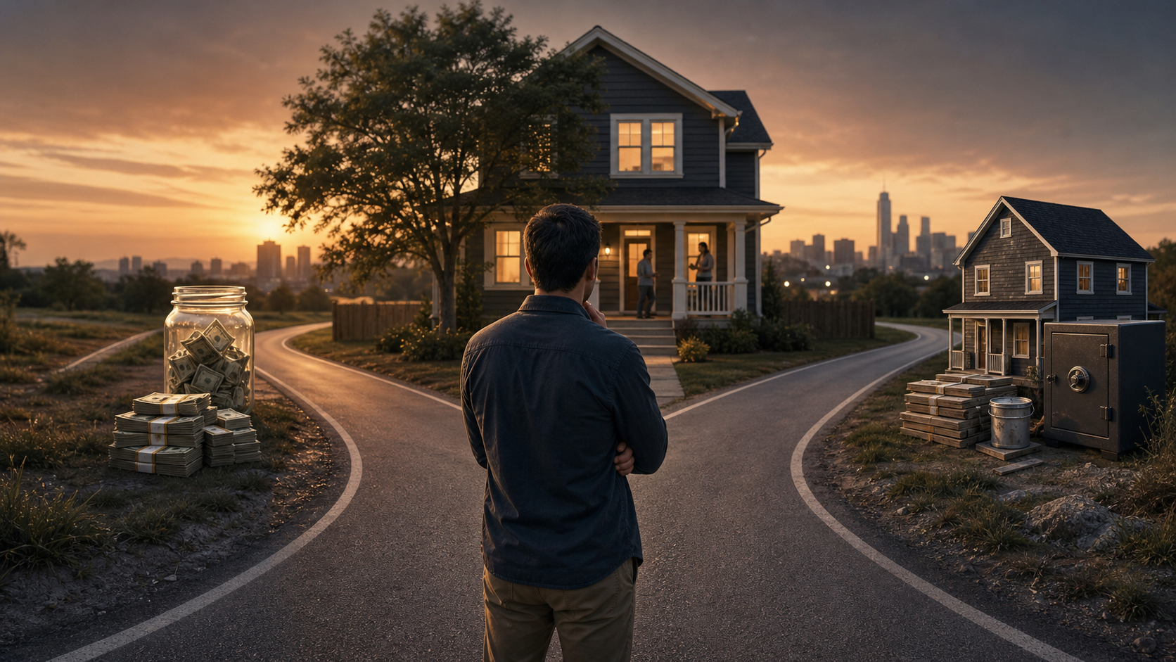 An investor at a three-way property decision with immediate cash, retained rental responsibility, and refinance debt represented along separate paths