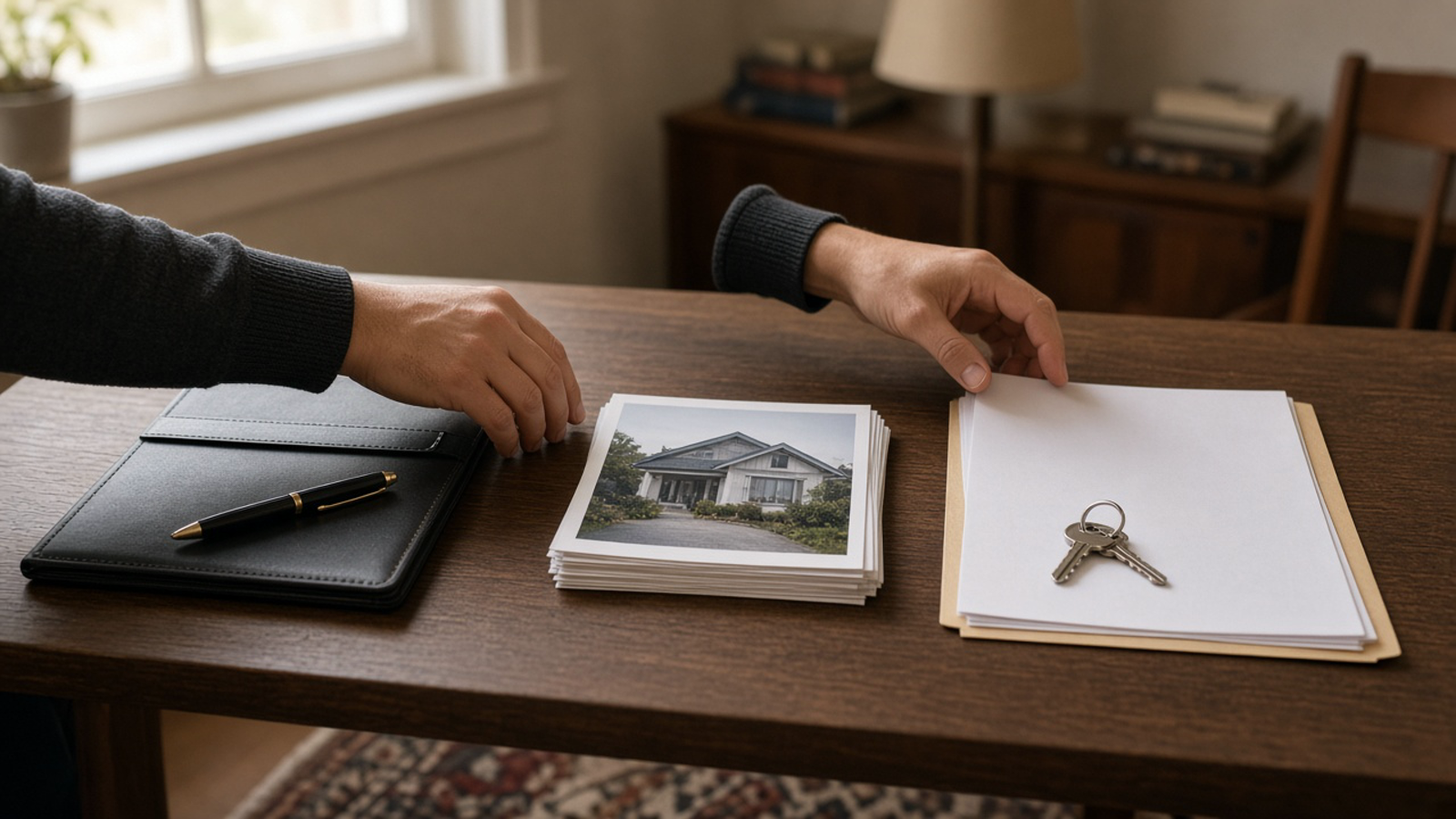 Hands moving from a contract folder, past house photos, toward an assignment packet on a long table